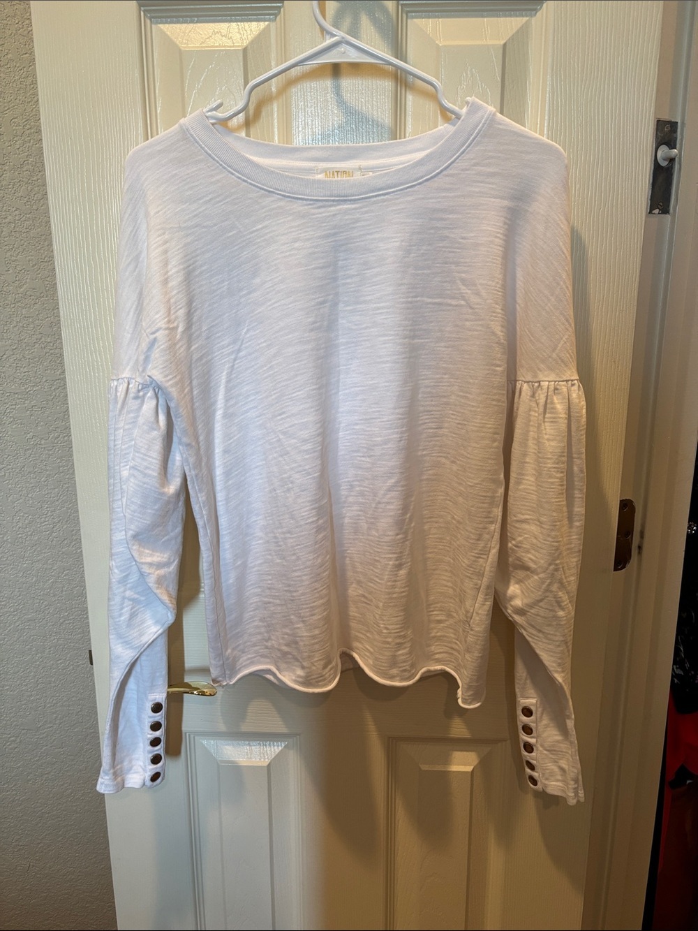 Nation LTD Laura Puff Sleeve Top White Cotton Slub Snap Button Cuff size Small